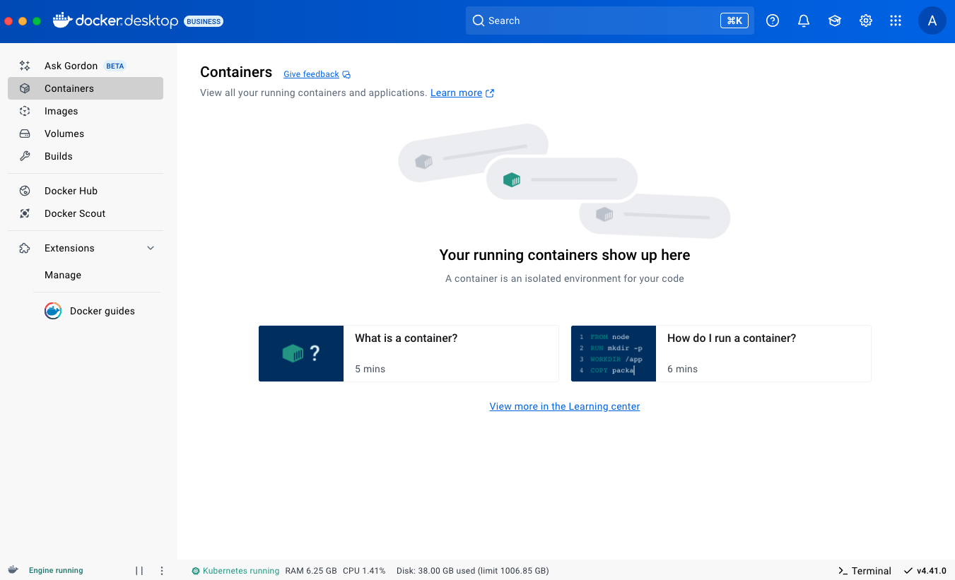 Docker Desktop Dashboard on Containers view