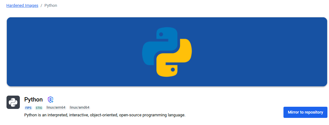 An image of the Python page with the Mirror to repository button showing